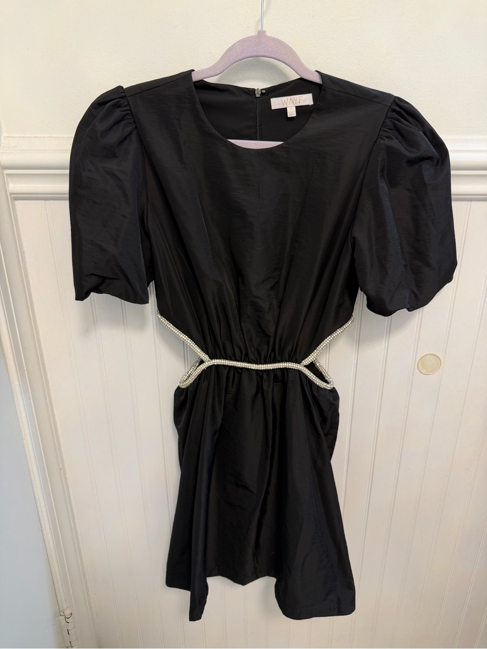 Wayf Black Mini Dress with Puff Sleeves and Decorative Rope Waist